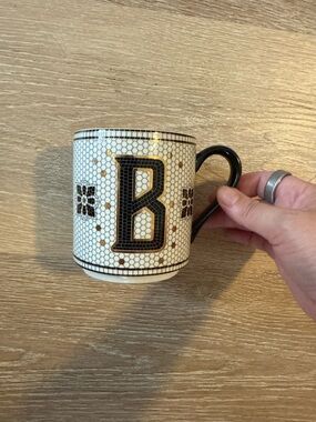 Anthropologie White Ceramic Tile Mug with Black 'B' and Gold Accents